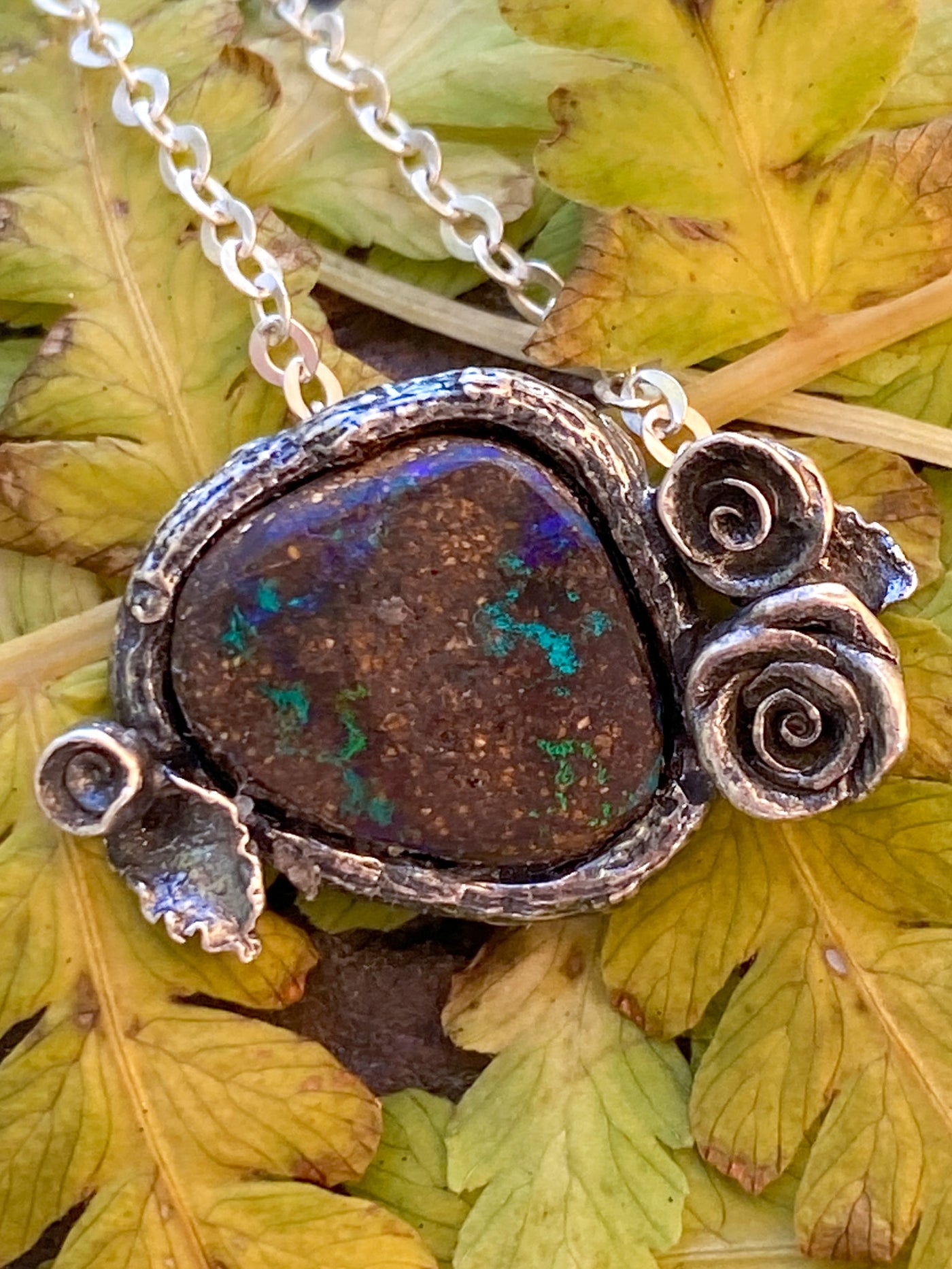 One of a Kind Boulder Opal Branch and Rose Necklace