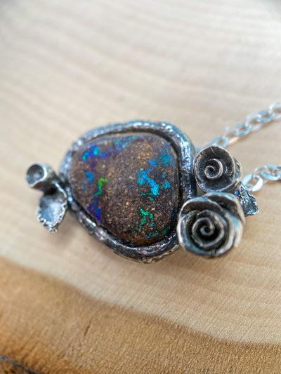 One of a Kind Boulder Opal Branch and Rose Necklace